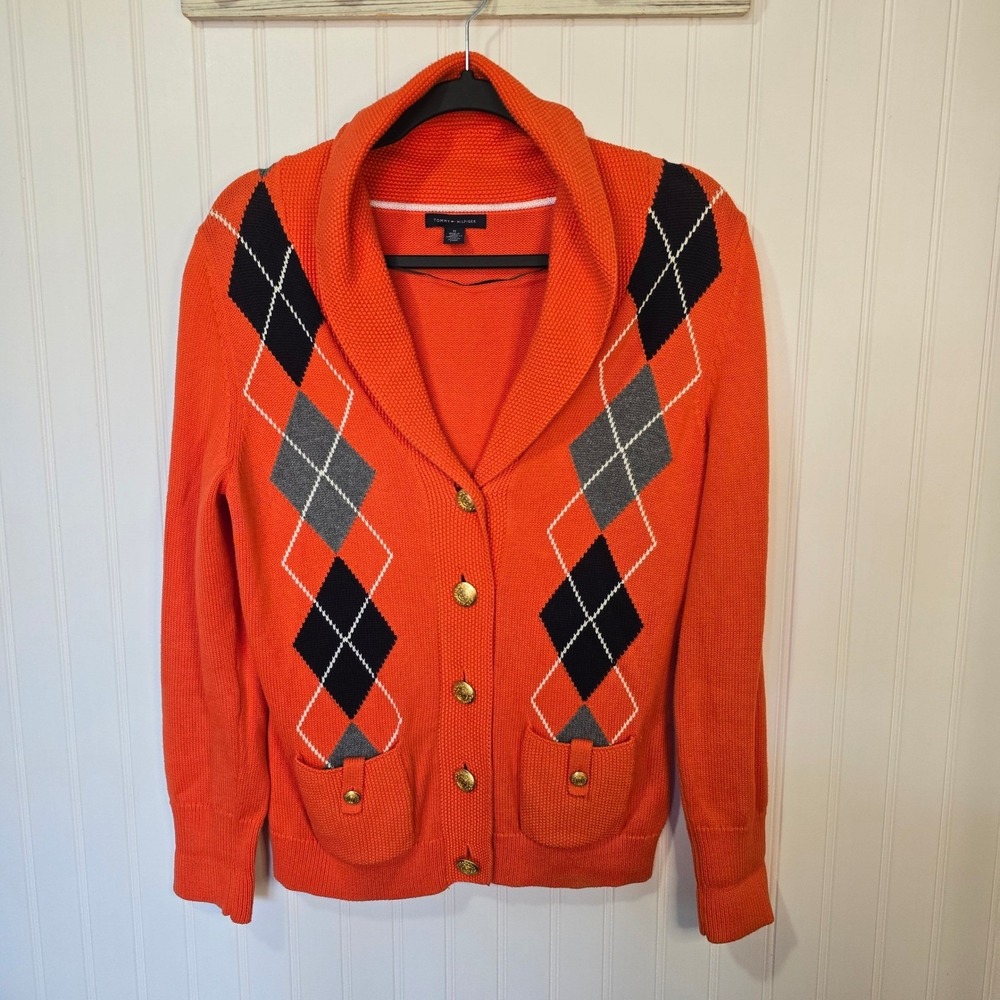 Tommy‎ Hilfiger Orange Argyle Shawl Collar Cardigan Gold Crest Button Sweater M